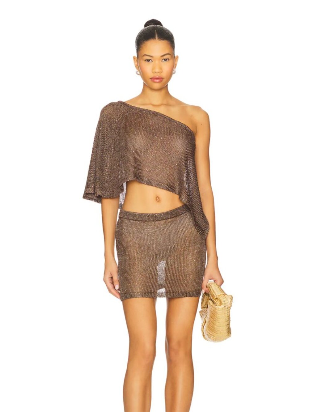 NEW superdown Charlena Mini Skirt Set in Brown Sheer Mesh Off Shoulder Party